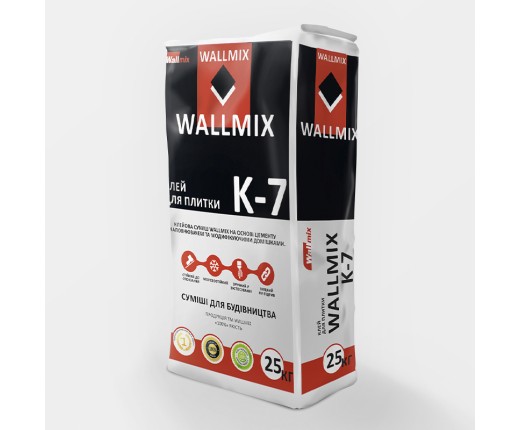  Wallmix K-7, клейова суміш для облицювання всередині та зовні будівель з підвищеною адгезією, 25кг